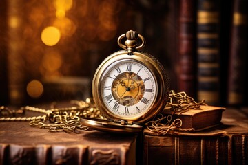 A pocket watch placed on top of a book, symbolizing the connection between time and knowledge, Vintage clock hanging on a chain against the background of old books, AI Generated