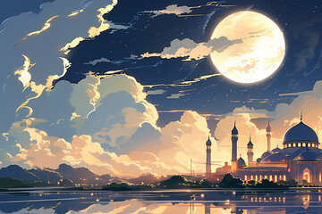 A silhouette of a big mosque on Blue full moon in night background. Ramadan concept - obrazy, fototapety, plakaty