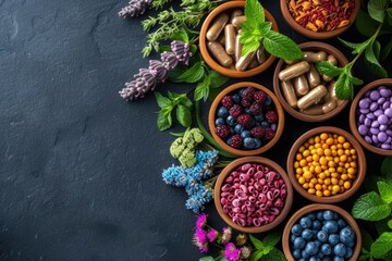 Fototapeta na wymiar Vitamins & supplements made with therapeutic herbs. Generative Ai.