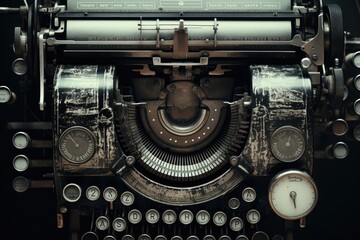 Close-up of Vintage Typewriter, Classic Machine for Typing Text and Documents, Vintage typewriter header with old paper, showcasing retro machine technology from a top view, AI Generated - obrazy, fototapety, plakaty