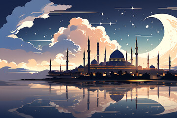 A silhouette of a big mosque on Blue full moon in night background. Ramadan concept