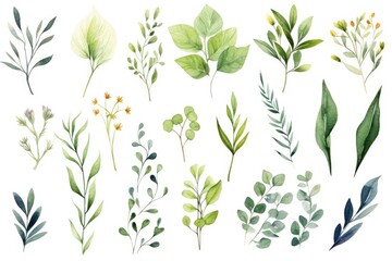 A compilation of various types of leaves showcased on a minimalistic white backdrop, Watercolor floral illustration set, featuring a collection of green leaf branches, AI Generated