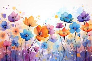 A stunning painting of a variety of colorful flowers set against a clean white backdrop, Watercolor flowers background with abstract flowers made from watercolor paint splashes, AI Generated
