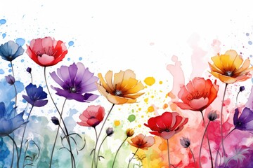 A vibrant painting of colorful flowers on a clean and crisp white background, Watercolor flowers background with abstract flowers made from watercolor paint splashes, AI Generated