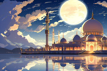 A silhouette of a big mosque on Blue full moon in night background. Ramadan concept - obrazy, fototapety, plakaty