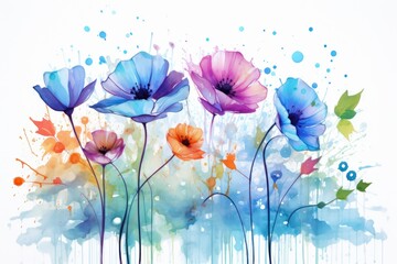 Obraz premium Painting of Colorful Flowers on White Background, Watercolor flowers background with abstract flowers made from watercolor paint splashes, AI Generated