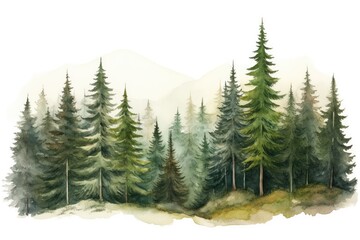 Painting of Majestic Pine Forest, Serene and Tranquil Nature Landscape, Watercolor illustration of a hand-drawn coniferous forest featuring spruce trees, AI Generated