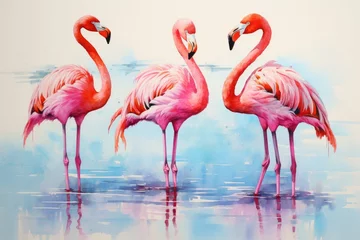 Foto op Canvas A picture capturing three pink flamingos standing gracefully in the water, Watercolor painting of flamingos, AI Generated © Ifti Digital
