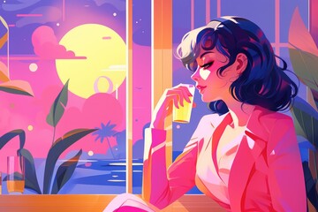 Woman Sitting on Window Sill, a Captivating Painting in Cool Tones, Whimsical Post-Impressionist Illustration in Flat Style with a Pastel Palette and Synthwave Twist, AI Generated
