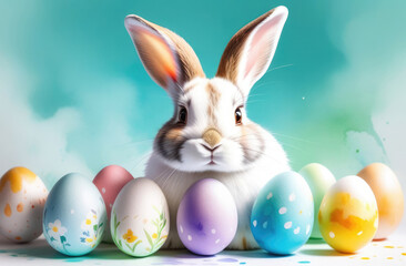 Easter bunny with painted eggs on blue background.	