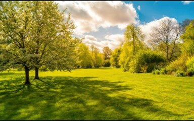 Spring Serenity Blurred Nature Background with Trimmed Lawn and Blue Sky