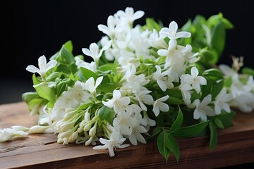 A beautiful collection of fresh white flowers adorns a rustic wooden table, creating an inviting centerpiece, White jasmine flowers, fresh flowers natural, AI Generated