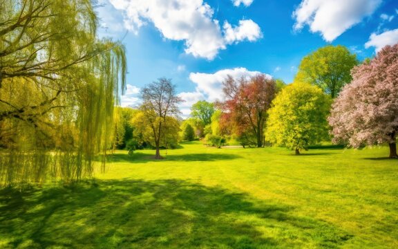 Spring Serenity Blurred Nature Background with Trimmed Lawn and Blue Sky