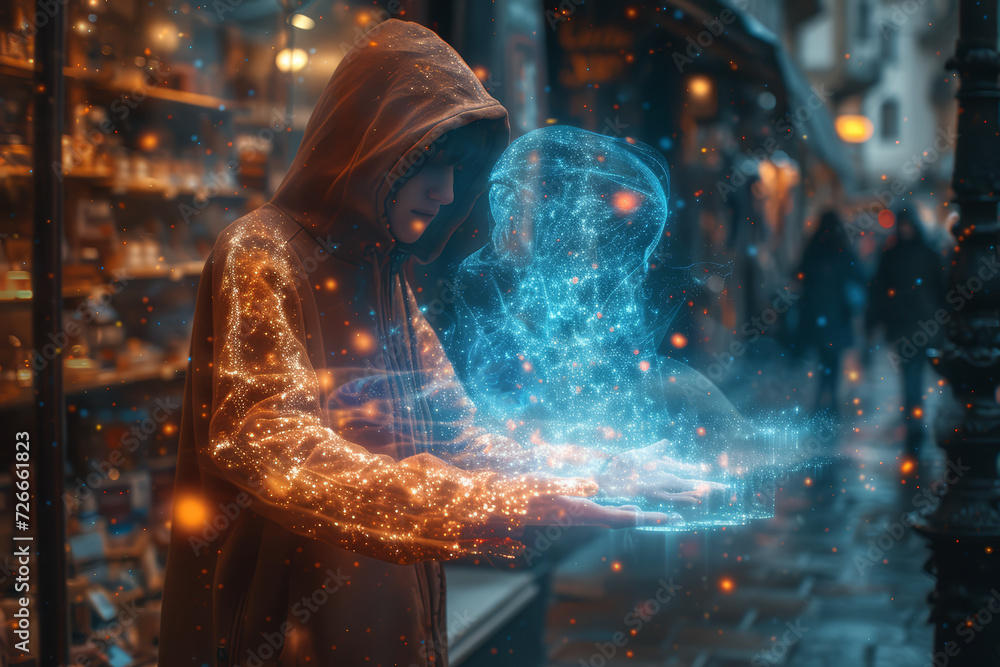 Poster an augmented reality (ar) photo showing a person interacting with seemingly floating, holographic ob