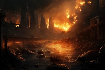 Large Fire Engulfs City Near River, World collapse, doomsday scene depicted in a digital painting, AI Generated