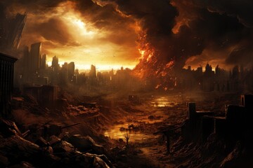 The image captures a city in the midst of a raging fire, requiring immediate intervention to contain the inferno, World collapse, doomsday scene depicted in a digital painting, AI Generated - obrazy, fototapety, plakaty