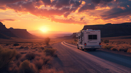 Off-road motorhome van traveling at sunset in nature on a canyon path for a road trip to adventure and freedom