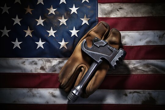 A wrench sits atop a glove, both resting on top of an American flag, creating a powerful image of unity and patriotism, Worn work glove holding an old wrench and the US American flag, AI Generated