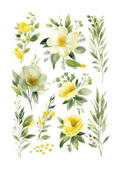 Watercolor Floral Wedding decor set in light olive yellow grey