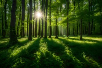 Sunlight dappling a forest glade, where the play of light and shadows creates a beautiful pattern on the brilliant green vegetation