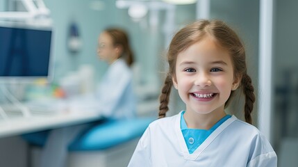 Smiling girl wearing doctor's uniform in hospital room
