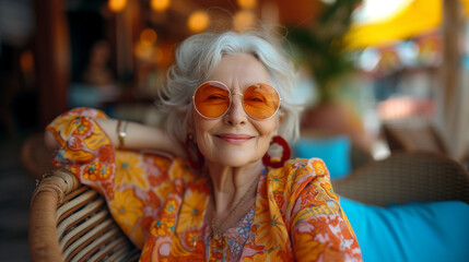 Portrait of an elderly woman wearing a floral shirt and red sunglasses. 