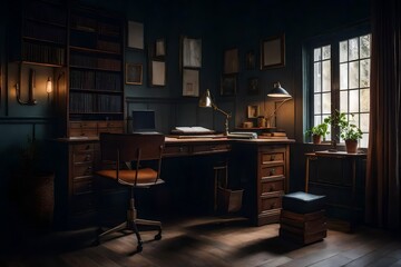 A well-lit study space, with a vintage desk and leather chair.