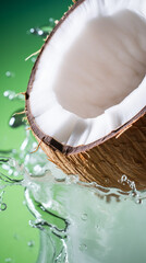 Close up photography with half of coconut and water splashes on a green background. Minimalist studio shot banner Ai generation