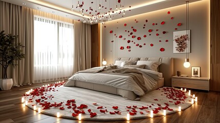 A bedroom with burning candles strewn with rose petals in anticipation of a romantic evening. A haven of love, where the heart finds solace in candlelit moments.