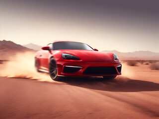 Fototapeta na wymiar High-speed supercar on a dusty desert road. Red racing sports car racing through arid terrain 