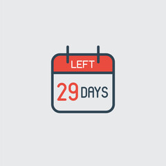 Countdown daily page calendar icon 29 days left. Number day to go. Agenda app, business deadline, date. Reminder, schedule simple pictogram. Countdown for sale, promotion