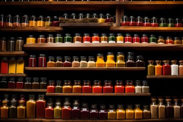 Fototapeta premium A shelf full of vibrant spices, herbs, and exotic condiments