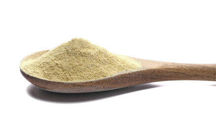 Ashwagandha powder pile in wooden spoon (Withania somnifera) isolated on white
