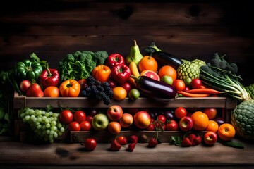 A bright display of fresh fruits and vegetables in a rustic wooden crate. 