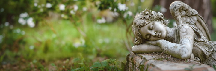 Grieving angel statue on green panoramic background with copy space, funeral services, sadness and mourning web banner - obrazy, fototapety, plakaty
