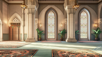 Obraz premium Empty and Beautiful Interior of Masjid (Mosque) for Ramadan and Eid 2024