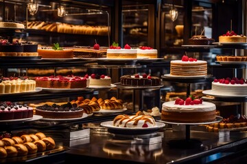 Fototapeta premium An array of gourmet desserts on a patisserie display, including pastries, cakes, and tarts