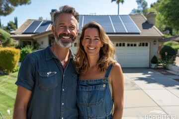 Outside a big house with couple grinning. Generative Ai.