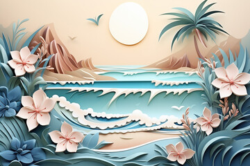 Fototapeta na wymiar Sea waves with flower blossoms and palm trees. Nature background in paper cut style. Generative AI