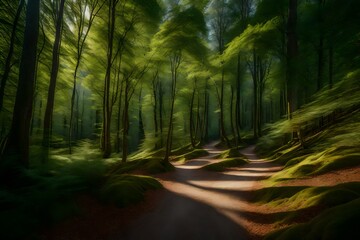 Obraz premium A winding forest trail surrounded by a natural pattern of tall trees and dappled sunlight that invites exploration and contemplation.