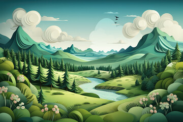 Summer landscape with mountains, green grass and river in paper cut style. Generative AI