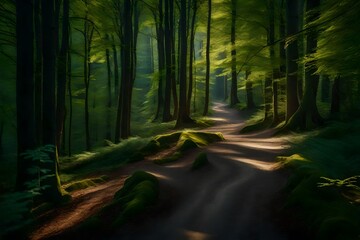 A winding forest path surrounded by a natural pattern of tall trees and dappled sunlight, inviting exploration and contemplation