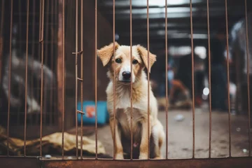 Fotobehang Stray homeless dog in animal shelter cage. Sad abandoned hungry dog behind old rusty grid of the cage in shelter for homeless animals. Dog adoption, rescue, help for pets © vejaa