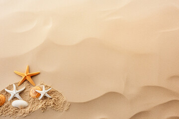 Fototapeta na wymiar sea shells and starfish on sand,summer concept,Generated By Ai