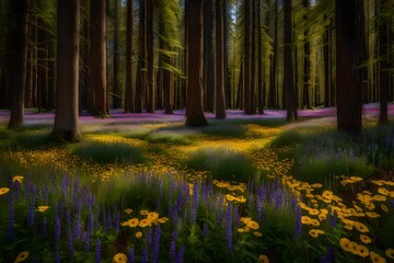 A carpet of wildflowers carpeting the woodland floor, creating a beautiful and varied pattern of hues beneath the towering trees. 