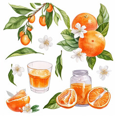 Watercolor orange clipart. Orange branches and leaves, orange juice, half an orange.