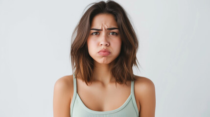 Fototapeta premium young woman with wavy brown hair is looking at the camera with a skeptical or slightly annoyed expression, wearing a light tank top against a plain light background