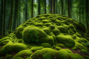 In a tranquil forest clearing, a moss-covered rock formation creates a natural and visually pleasing pattern.