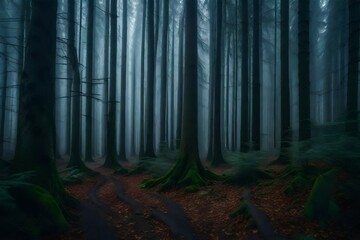 A repetitive pattern of tree trunks in a misty forest, generating a sense of depth and mystery in the atmospheric woodland landscape.