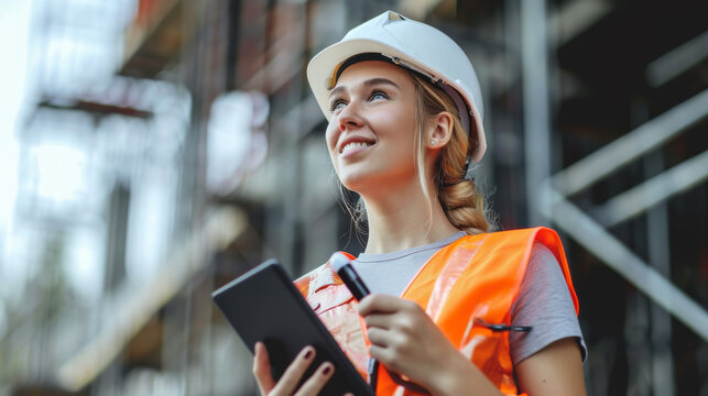 young woman wearing a safety helmet and reflective vest is holding a tablet and looking up